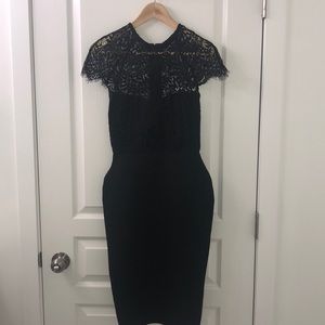 Black Lace Yoke Slit Hem Midi Pencil Dress.